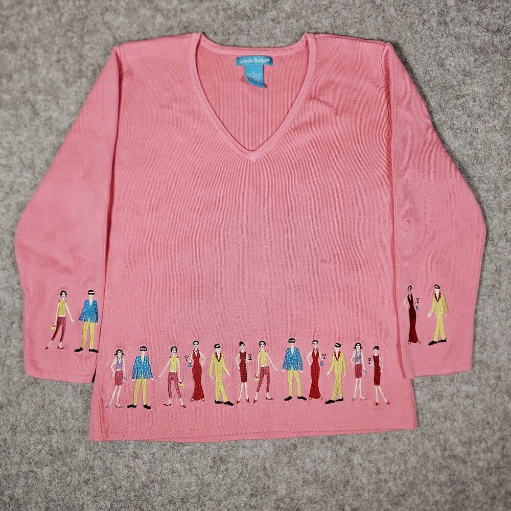 Alexandra Bartlett Womens Embroidered People Upscale Classy V-Neck Sweater Sz S